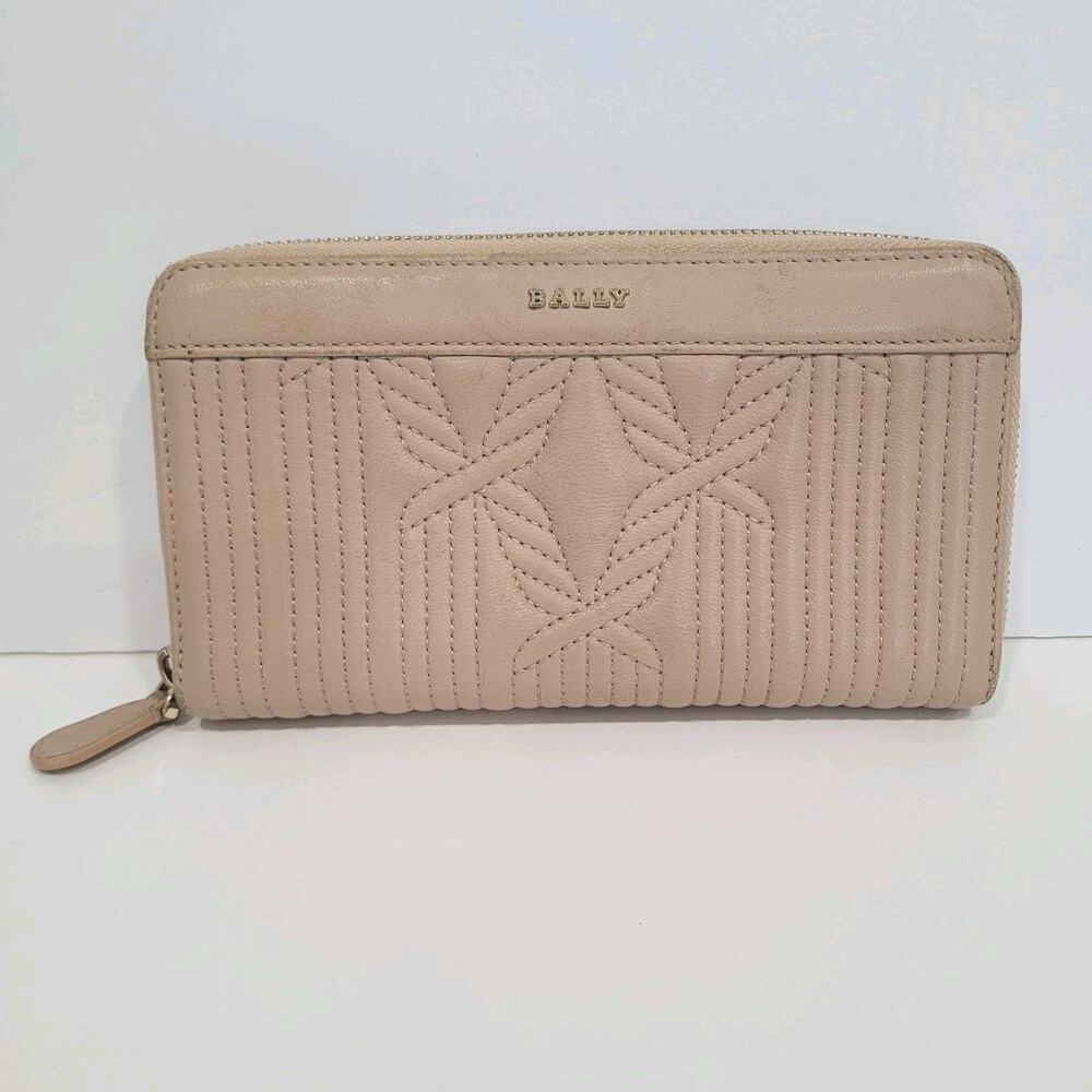 Bally Switzerland Zip Around Wallet Beige Tan 7x4 Large Logo Quilted‎ Leather